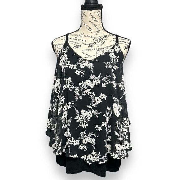 Torrid 2X Black White Floral V-Neck Tiered Strappy Camisole Sleeveless Flowy Top - Picture 3 of 9